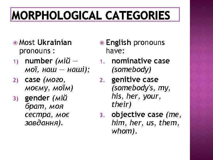  Most Ukrainian pronouns : 1) number (мій — мої, наш — наші); 2)