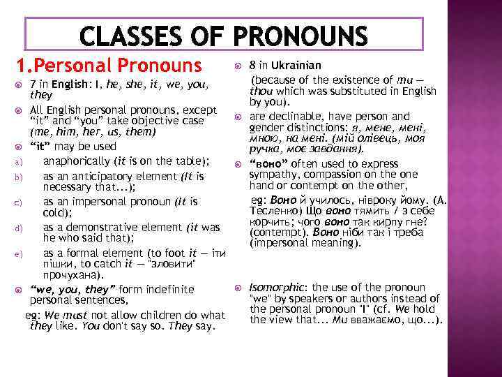 1. Personal Pronouns 7 in English: I, he, she, it, we, you, they All