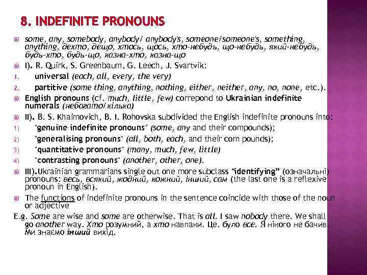 8. INDEFINITE PRONOUNS some, any, somebody, anybody/ anybody's, someone/someone's, something, anything, дехто, дещо, хтось,