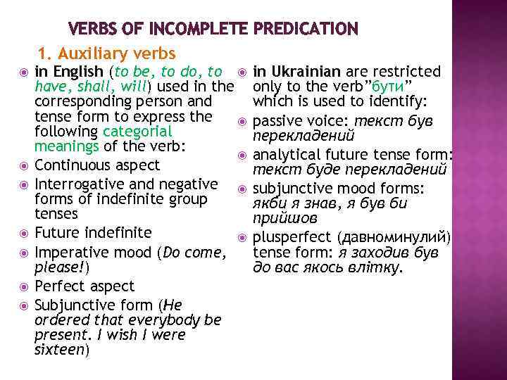 VERBS OF INCOMPLETE PREDICATION 1. Auxiliary verbs in English (to be, to do, to