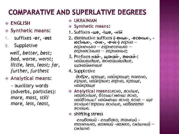 COMPARATIVE AND SUPERLATIVE DEGREES ENGLISH Synthetic means: suffixes -er, -est 2. Suppletive well, better,