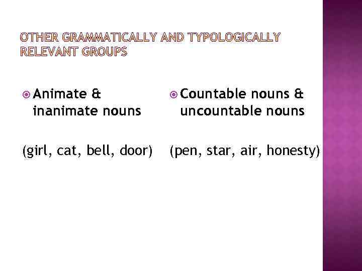  Animate & inanimate nouns Countable nouns & uncountable nouns (girl, cat, bell, door)