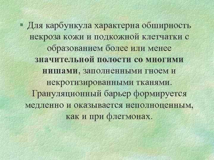 § Для карбункула характерна обширность некроза кожи и подкожной клетчатки с образованием более или