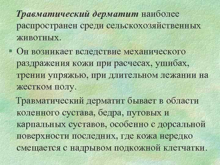 Травматический дерматит наиболее распространен среди сельскохозяйственных животных. § Он возникает вследствие механического раздражения кожи