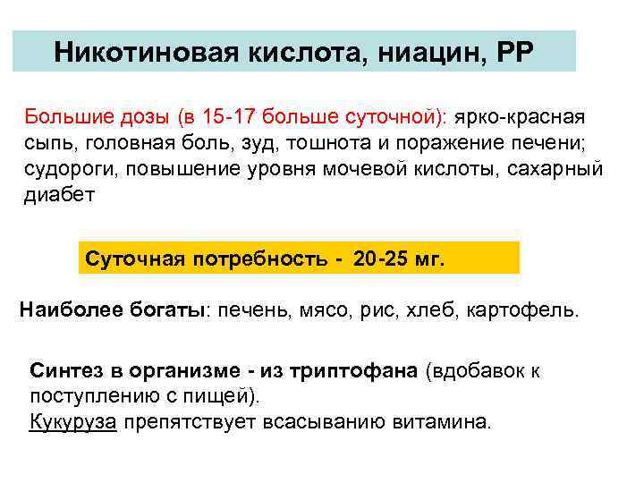 Никотиновая кислота, ниацин, РР Большие дозы (в 15 -17 больше суточной): ярко-красная сыпь, головная