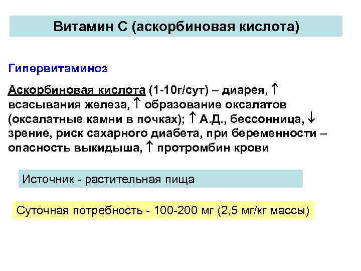 Витамин С (аскорбиновая кислота) Гипервитаминоз Аскорбиновая кислота (1 -10 г/сут) – диарея, всасывания железа,