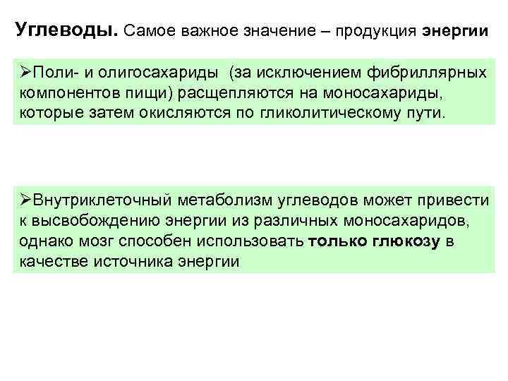 Углеводы. Самое важное значение – продукция энергии Поли- и олигосахариды (за исключением фибриллярных компонентов