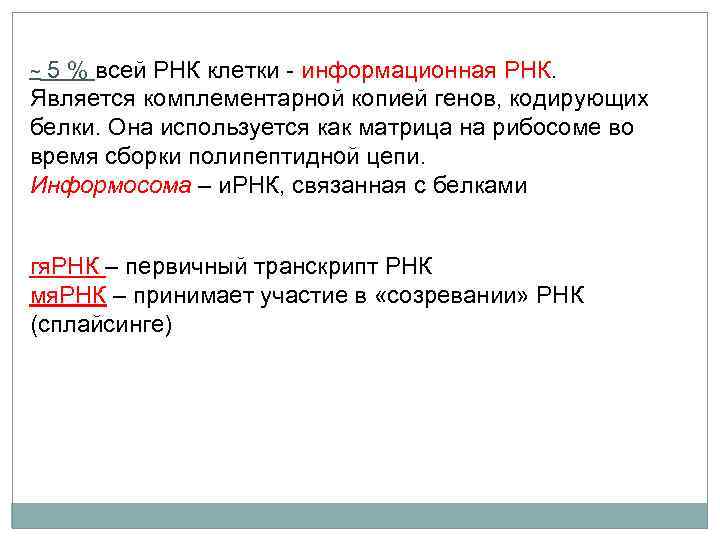 5 % всей РНК клетки - информационная РНК. Является комплементарной копией генов, кодирующих белки.