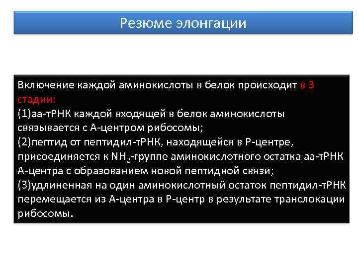 Резюме элонгации Включение каждой аминокислоты в белок происходит в 3 стадии: (1)аа-т. РНК каждой