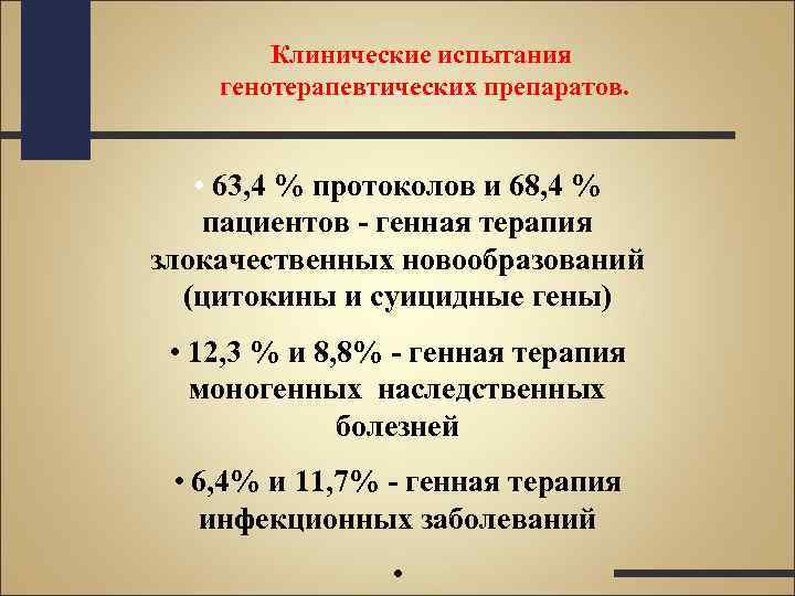 Клинические испытания генотерапевтических препаратов. • 63, 4 % протоколов и 68, 4 % пациентов