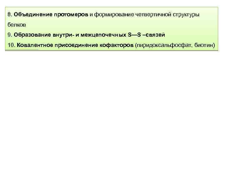 8. Объединение протомеров и формирование четвертичной структуры белков 9. Образование внутри- и межцепочечных S—S