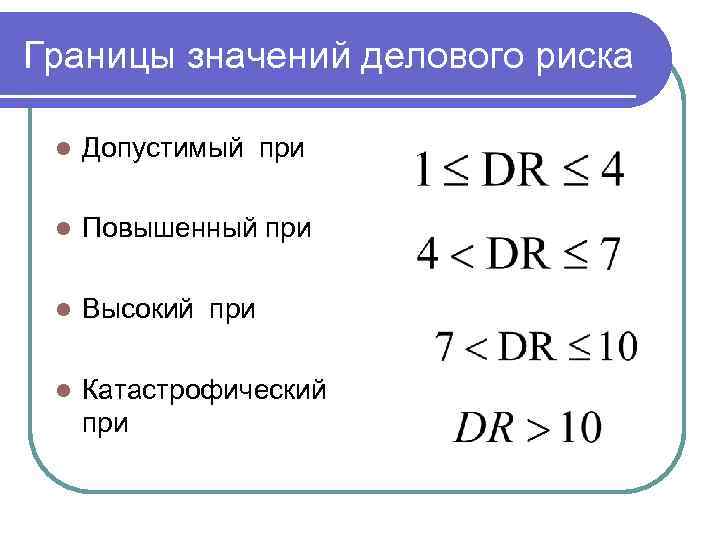 Границы значений делового риска l Допустимый при l Повышенный при l Высокий при l