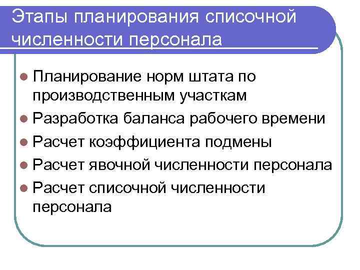 Этапы планирования списочной численности персонала l Планирование норм штата по производственным участкам l Разработка