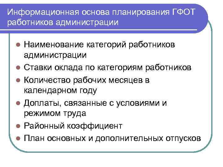 Информационная основа планирования ГФОТ работников администрации l l l Наименование категорий работников администрации Ставки