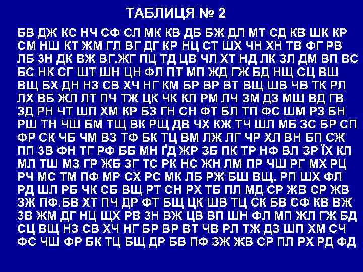 ТАБЛИЦЯ № 2 БВ ДЖ КС НЧ СФ СЛ МК КВ ДБ БЖ ДЛ