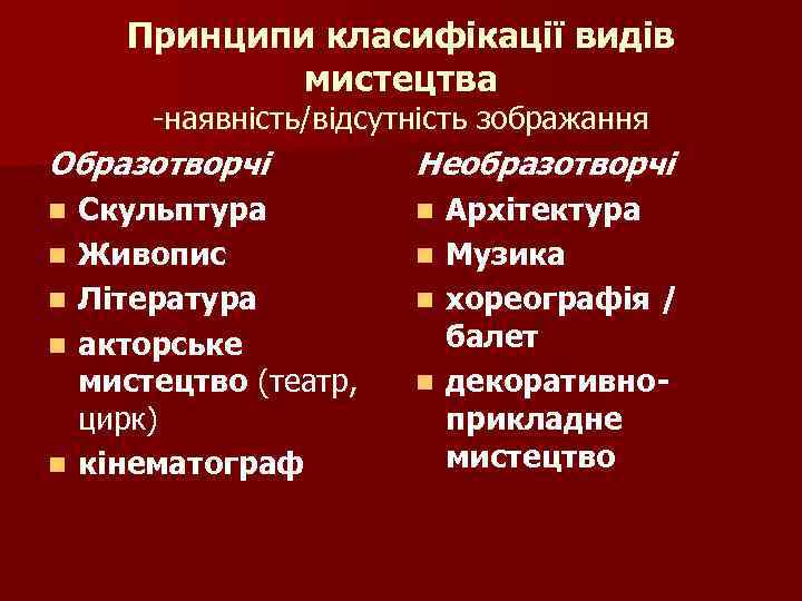 Принципи класифікації видів мистецтва -наявність/відсутність зображання Образотворчі n n n Скульптура Живопис Література акторське