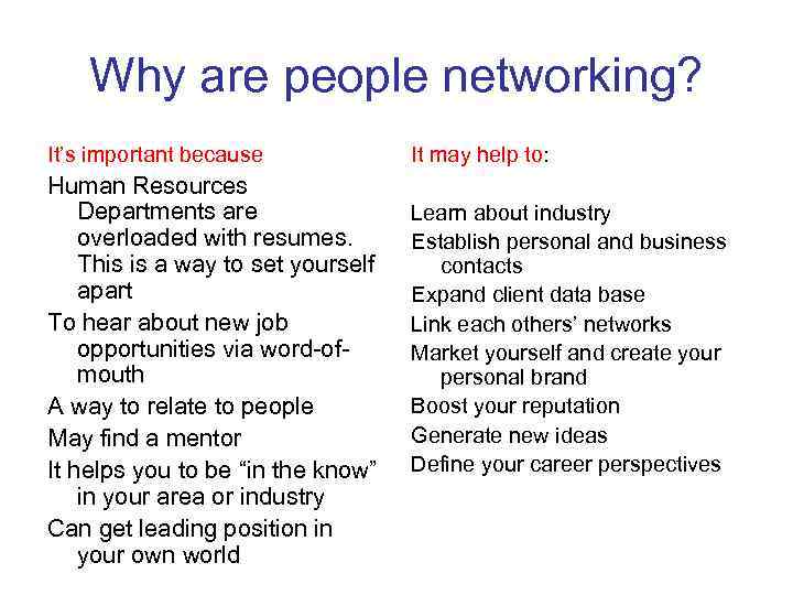 Why are people networking? It’s important because Human Resources Departments are overloaded with resumes.