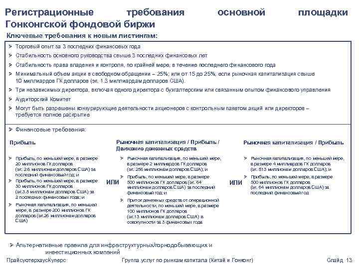 Регистрационные требования Гонконгской фондовой биржи основной площадки Ключевые требования к новым листингам: Ø Торговый