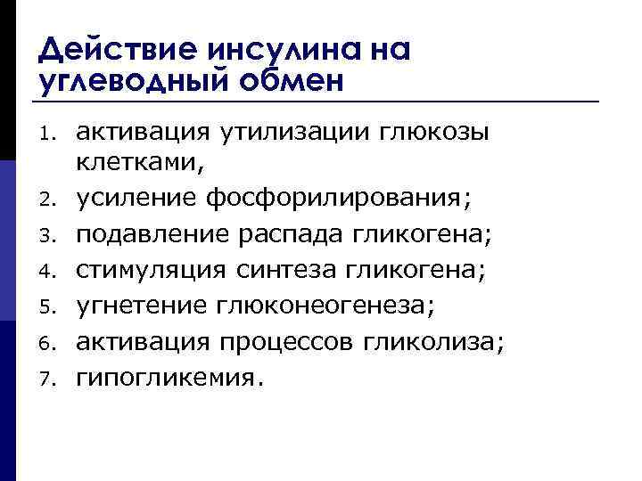 Действие инсулина на углеводный обмен 1. 2. 3. 4. 5. 6. 7. активация утилизации