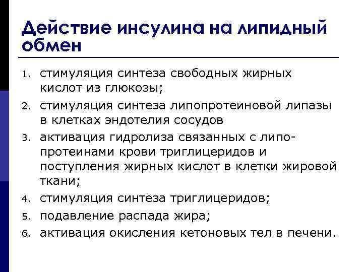 Действие инсулина на липидный обмен 1. 2. 3. 4. 5. 6. стимуляция синтеза свободных