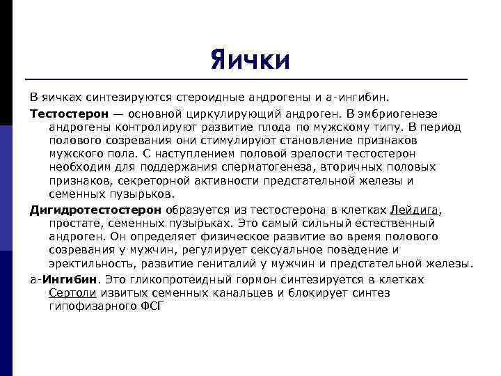 Яички В яичках синтезируются стероидные андрогены и a‑ингибин. Тестостерон — основной циркулирующий андроген. В