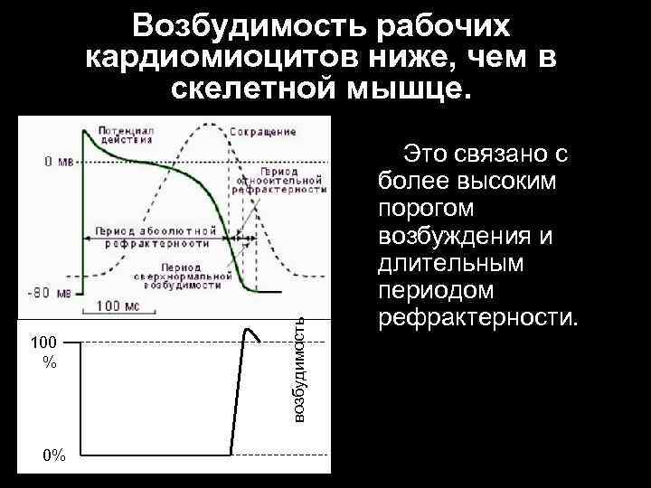 100 % 0% возбудимость Возбудимость рабочих кардиомиоцитов ниже, чем в скелетной мышце. Это связано