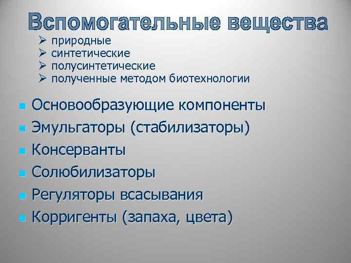 Ø природные Ø синтетические Ø полученные методом биотехнологии n n n Основообразующие компоненты Эмульгаторы