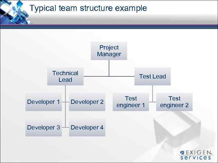 Typical team structure example Project Manager Technical Lead Developer 1 Developer 2 Developer 3