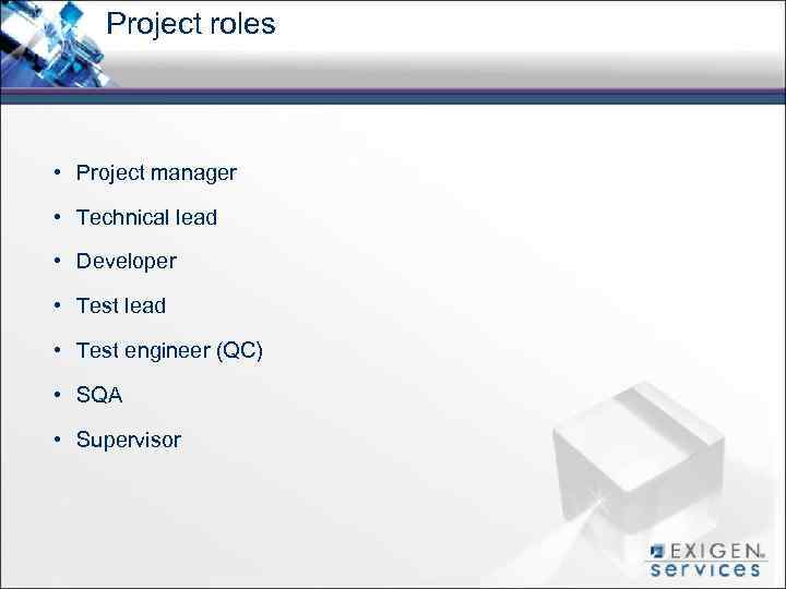 Project roles • Project manager • Technical lead • Developer • Test lead •