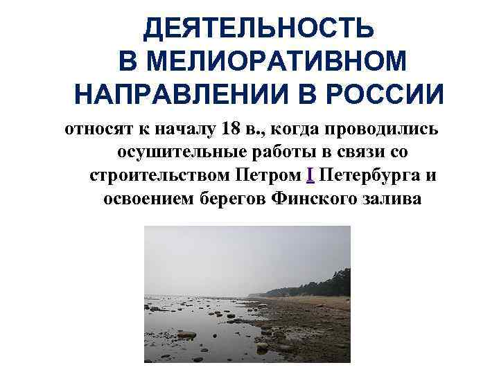 ДЕЯТЕЛЬНОСТЬ В МЕЛИОРАТИВНОМ НАПРАВЛЕНИИ В РОССИИ относят к началу 18 в. , когда проводились