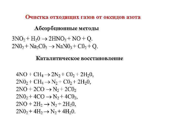 Очистка отходящих газов от оксидов азота Абсорбционные методы Каталитическое восстановление 