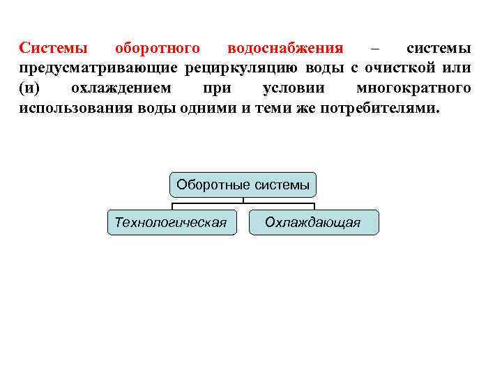 Системы оборотного водоснабжения – системы предусматривающие рециркуляцию воды с очисткой или (и) охлаждением при