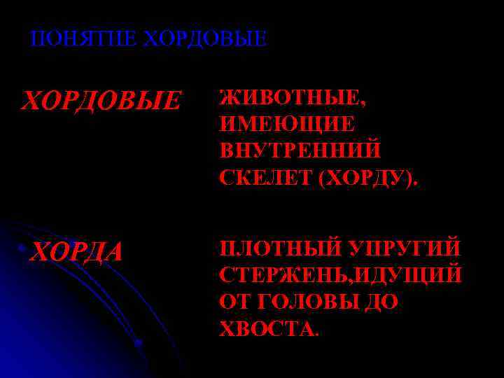 ПОНЯТИЕ ХОРДОВЫЕ ХОРДА ЖИВОТНЫЕ, ИМЕЮЩИЕ ВНУТРЕННИЙ СКЕЛЕТ (ХОРДУ). ПЛОТНЫЙ УПРУГИЙ СТЕРЖЕНЬ, ИДУЩИЙ ОТ ГОЛОВЫ