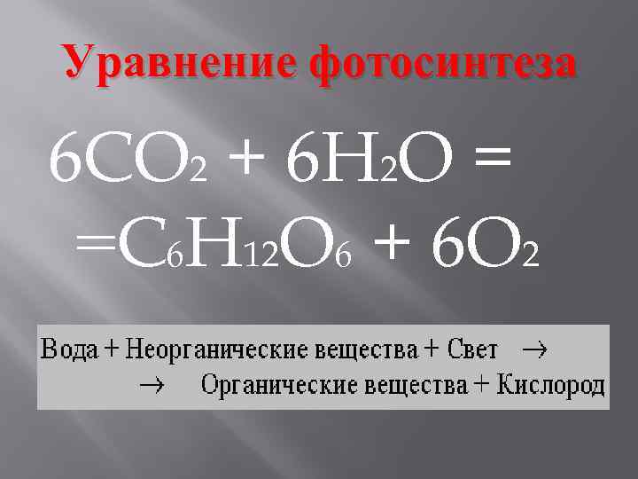 Уравнение фотосинтеза 6 CO 2 + 6 H 2 O = =C 6 H