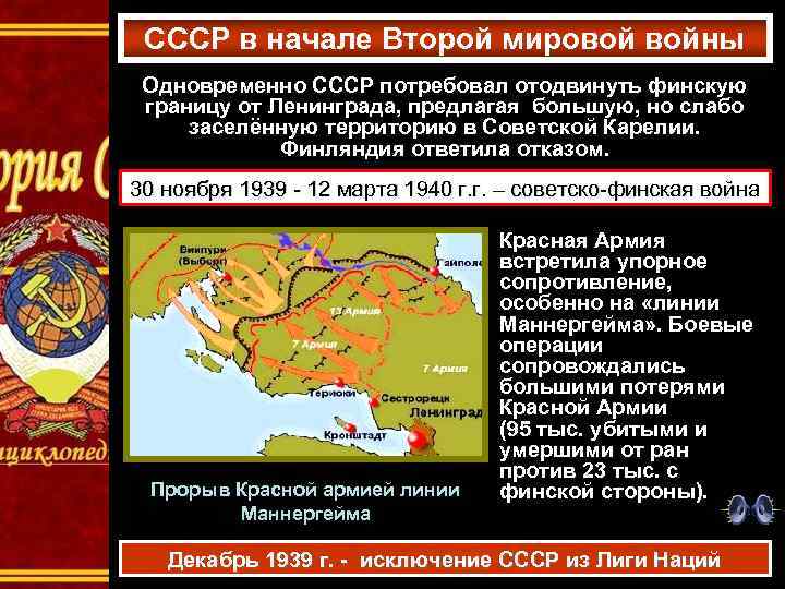 СССР в начале Второй мировой войны Одновременно СССР потребовал отодвинуть финскую границу от Ленинграда,