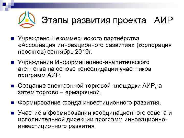Этапы развития проекта АИР n Учреждено Некоммерческого партнёрства «Ассоциация инновационного развития» (корпорация проектов) сентябрь