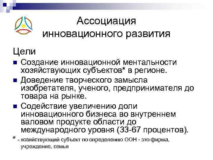 Ассоциация инновационного развития Цели n n n Создание инновационной ментальности хозяйствующих субъектов* в регионе.