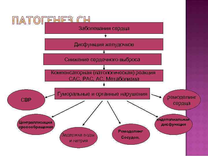 Заболевания сердца Дисфункция желудочков Снижение сердечного выброса Компенсаторная (патологическая) реакция САС, РАС, Метаболизма Гуморальные