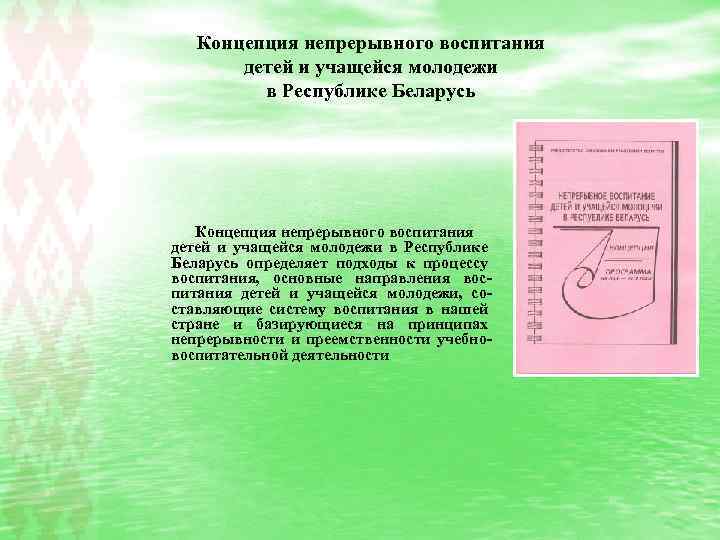 Концепция непрерывного воспитания детей и учащейся молодежи в Республике Беларусь определяет подходы к процессу