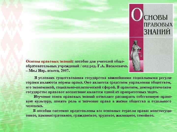 Основы правовых знаний: пособие для учителей общеобразовательных учреждений / под ред. Г. А. Василевича.