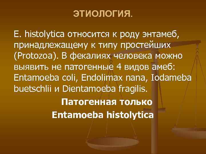ЭТИОЛОГИЯ. E. histolytica относится к роду энтамеб, принадлежащему к типу простейших (Protozoa). В фекалиях