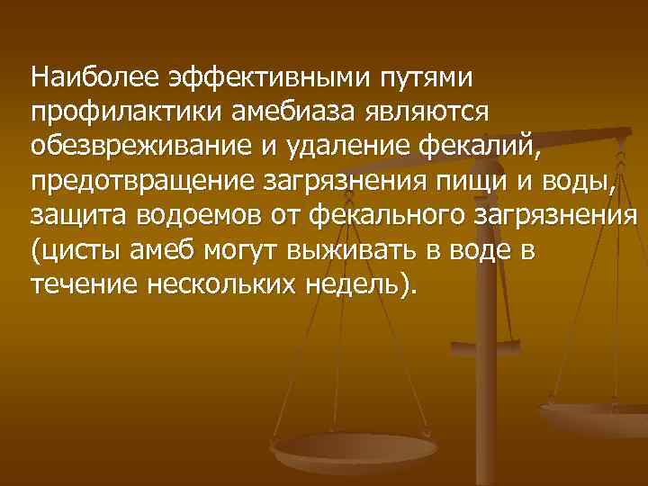 Наиболее эффективными путями профилактики амебиаза являются обезвреживание и удаление фекалий, предотвращение загрязнения пищи и