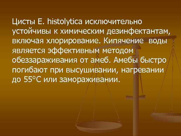 Цисты E. histolytica исключительно устойчивы к химическим дезинфектантам, включая хлорирование. Кипячение воды является эффективным