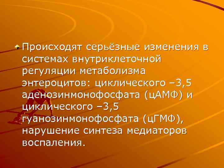 Происходят серьёзные изменения в системах внутриклеточной регуляции метаболизма энтероцитов: циклического – 3, 5 аденозинмонофосфата