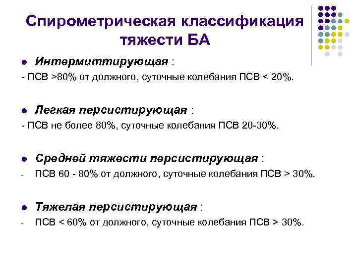 Спирометрическая классификация тяжести БА l Интермиттирующая : - ПСВ >80% от должного, суточные колебания