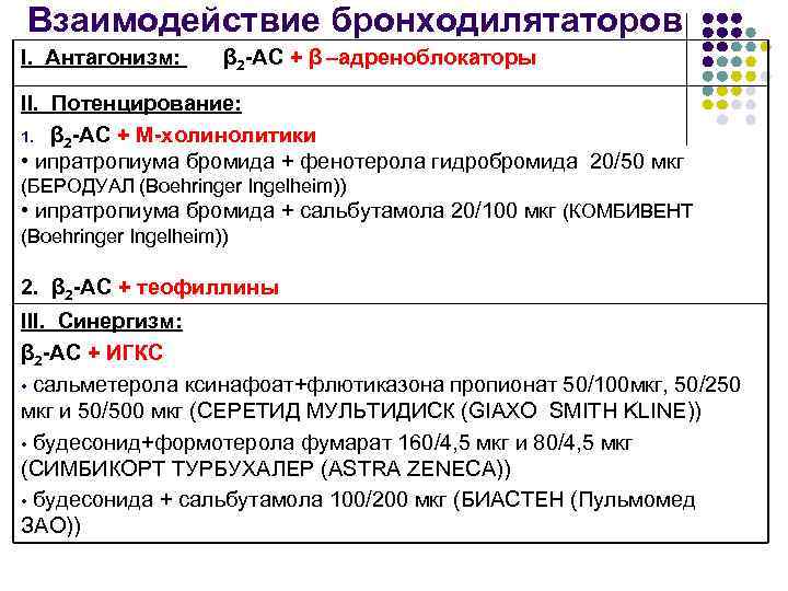 Взаимодействие бронходилятаторов I. Антагонизм: β 2 -АС + β –адреноблокаторы II. Потенцирование: 1. β