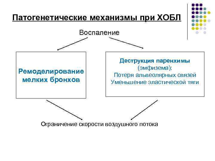 Патогенетические механизмы при ХОБЛ Воспаление Ремоделирование мелких бронхов Деструкция паренхимы (эмфизема): Потеря альвеолярных связей