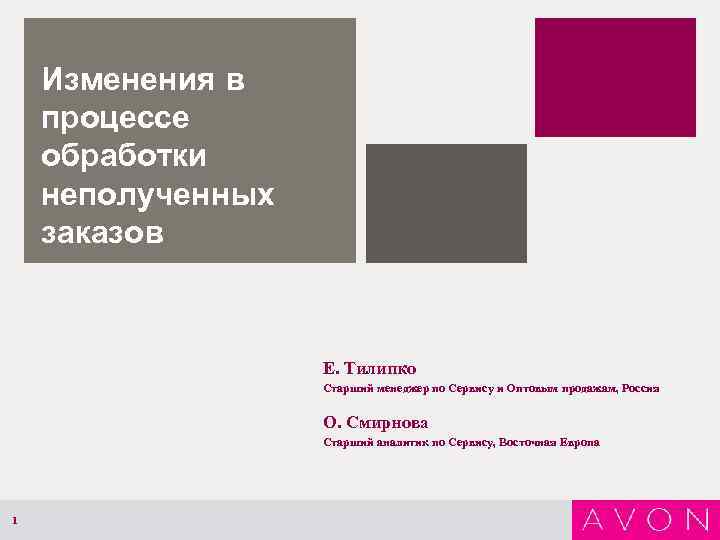 Изменения в процессе обработки неполученных заказов E. Тилипко Старший менеджер по Сервису и Оптовым