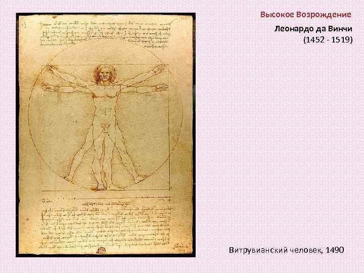 Высокое Возрождение Леонардо да Винчи (1452 - 1519) Витрувианский человек, 1490 