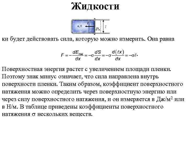 Жидкости ки будет действовать сила, которую можно измерить. Она равна . Поверхностная энергия растет